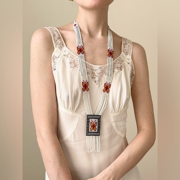 Antique 1920s Art Deco Micro Seed Beaded Butterfly Flapper Necklace - Picture 2 of 6